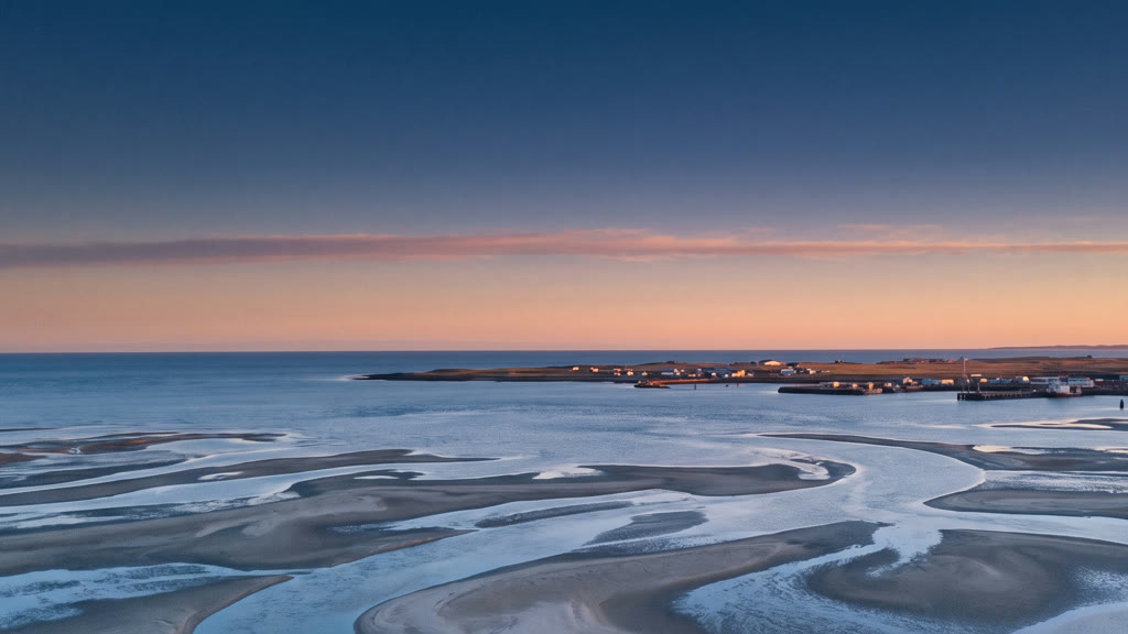 Sandbanks and tidal channels in an estuary at dawn, with a small town on the horizon.