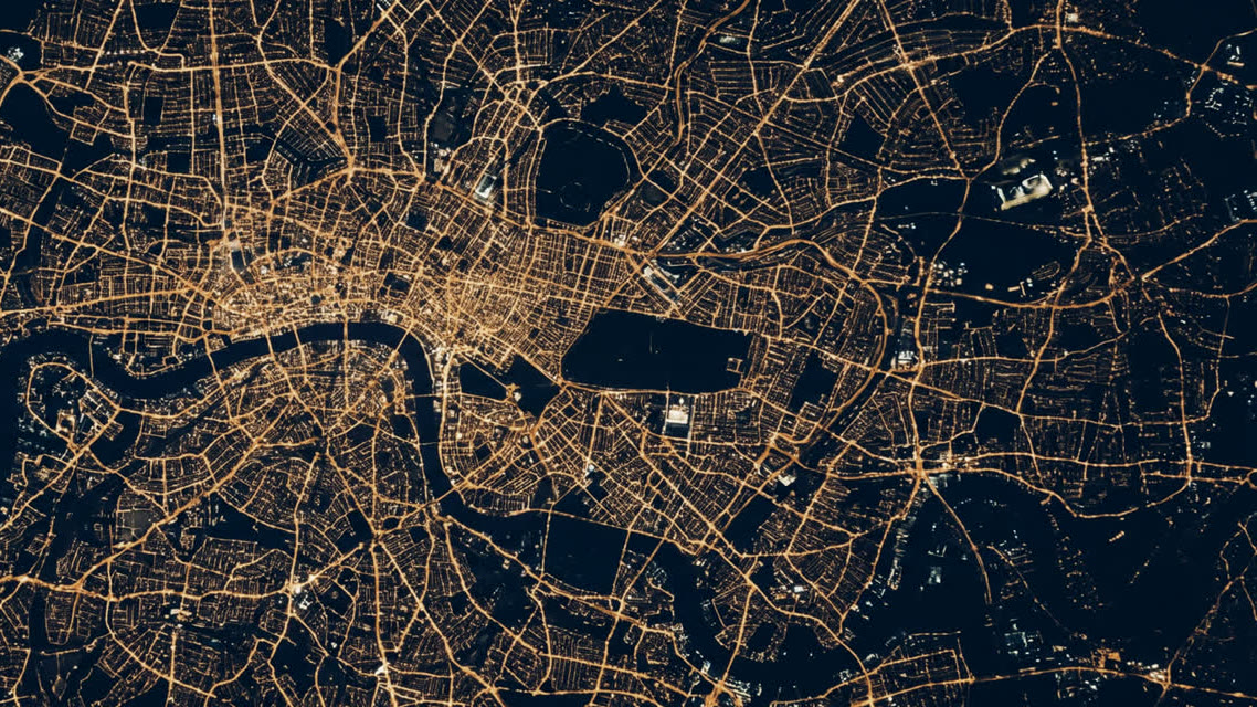 A city's street lights at night, seen from directly above, with a river winding through.