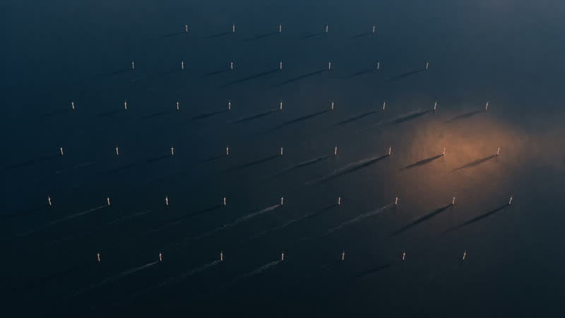 Rows of wind turbines at dusk with a warm glow in the distance, seen from above.